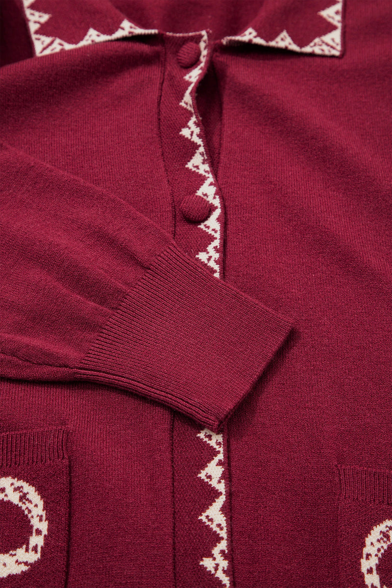Load image into Gallery viewer, DLLS1009 - Ladies Burgundy Bow Pocket Collar Long Sleeve Knit Cardigan

