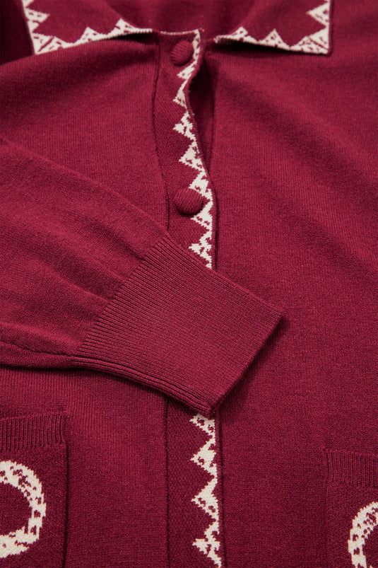 DLLS1009 - Ladies Burgundy Bow Pocket Collar Long Sleeve Knit Cardigan