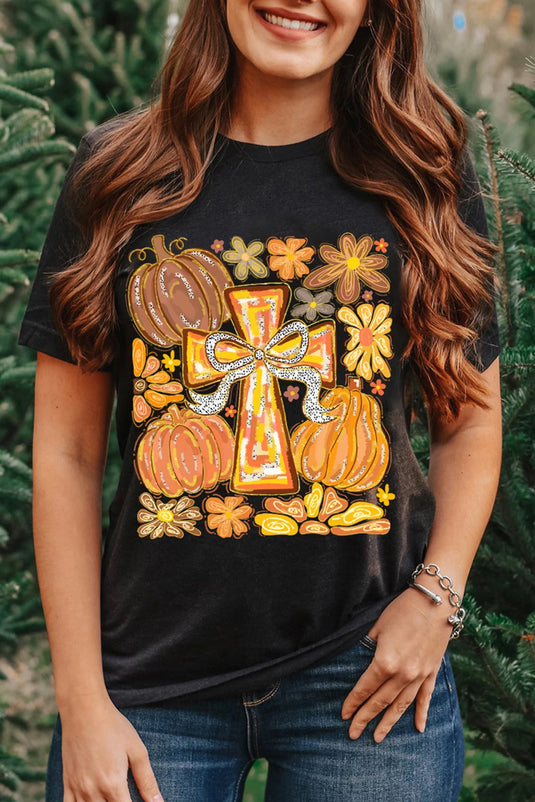 DLLS992 - Ladies Black Thanksgiving Pray Cross Pumpkin Graphic Cotton Blend Tee