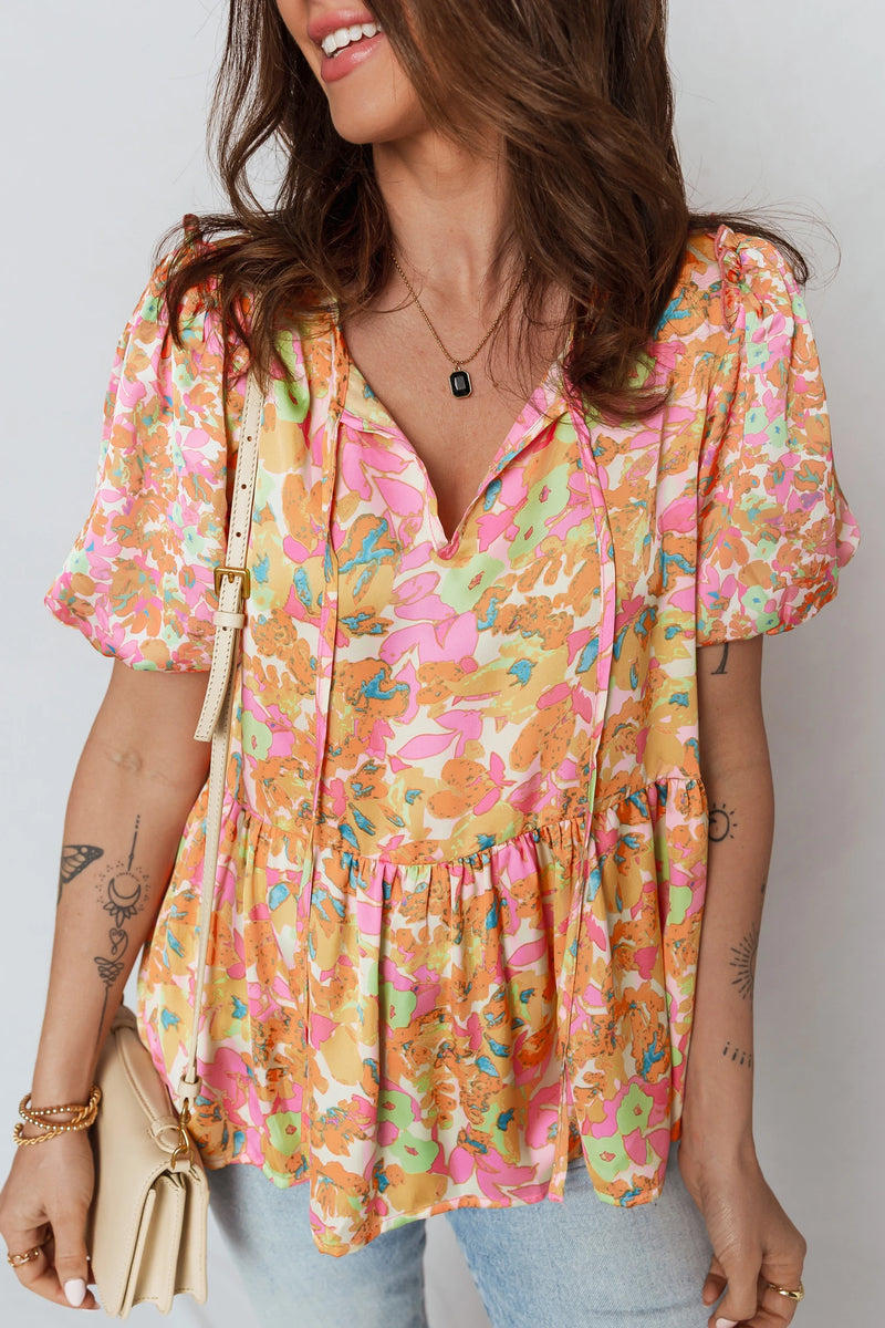 Load image into Gallery viewer, DLLS365 - Ladies Orange Split V Neck Short Sleeve Flower Blouse
