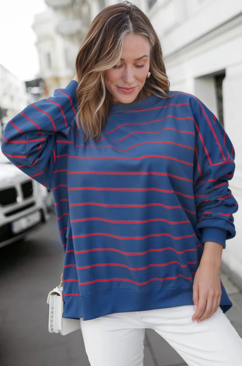 Load image into Gallery viewer, DLLS231 - Ladies Blue Stripe Stylish Overlap Detail Drop Shoulder Pullover Sweatshirt
