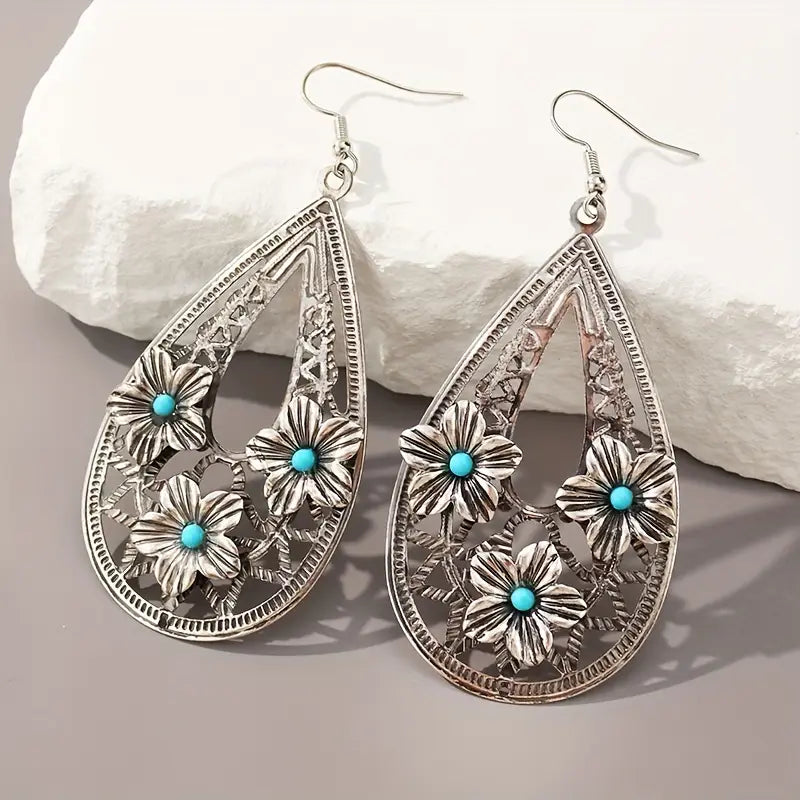 Load image into Gallery viewer, TMER69 - Turquoise &amp; Flowers Open Design Earrings
