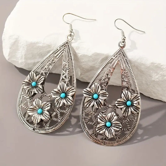 TMER69 - Turquoise & Flowers Open Design Earrings