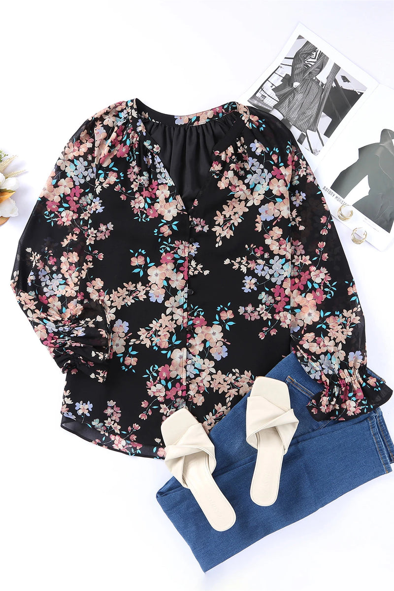 Load image into Gallery viewer, DLLS367 - Ladies Black Wildflower Print Chiffon Blouse
