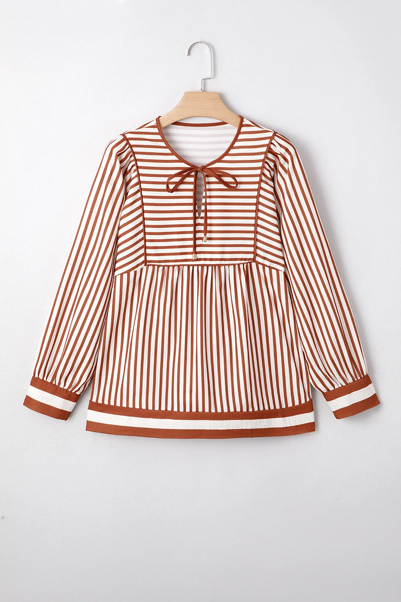 Load image into Gallery viewer, DLLS309 - Ladies Brown Stripe Babydoll Long Sleeve Blouse
