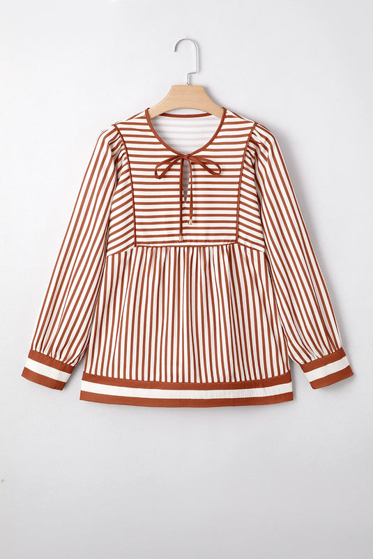 DLLS309 - Ladies Brown Stripe Babydoll Long Sleeve Blouse