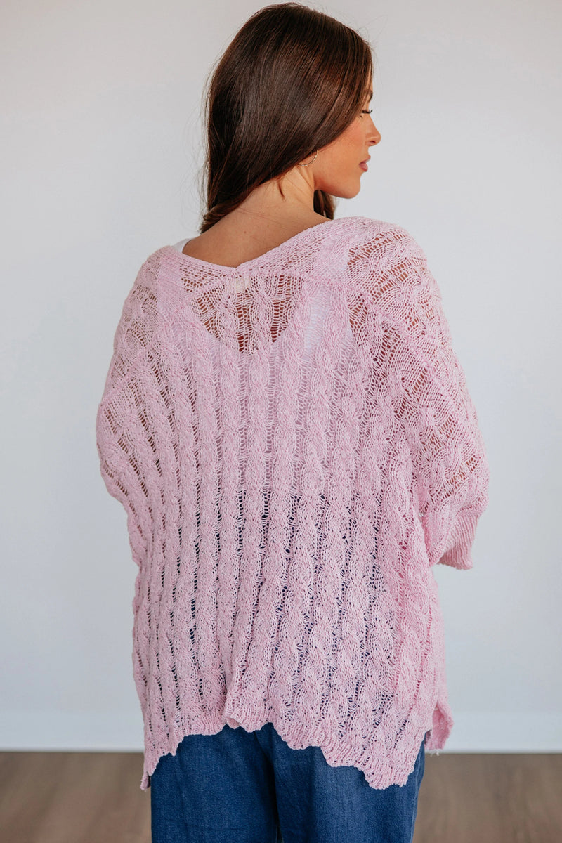 Load image into Gallery viewer, DLLS764 - Ladies Pink Drop Shoulder Crochet Knit Open Front Cardigan
