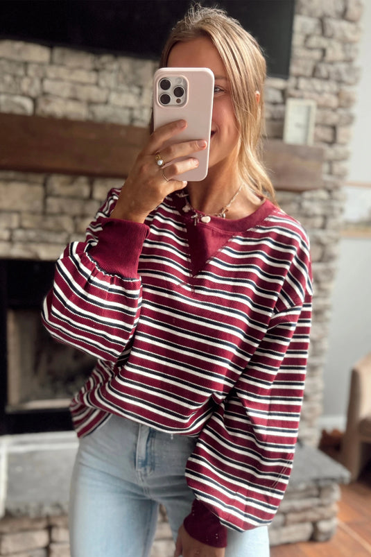 DLLS1022 - Ladies Red Stripe Dropped Shoulder Long Puff Sleeve Top