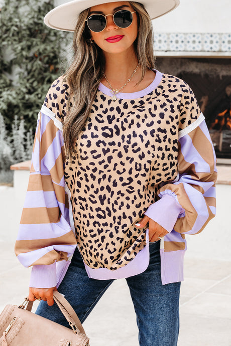 DLLS116 - Ladies Purple Stripe Color Block Patchwork Leopard Casual Sweatshirt with Slits