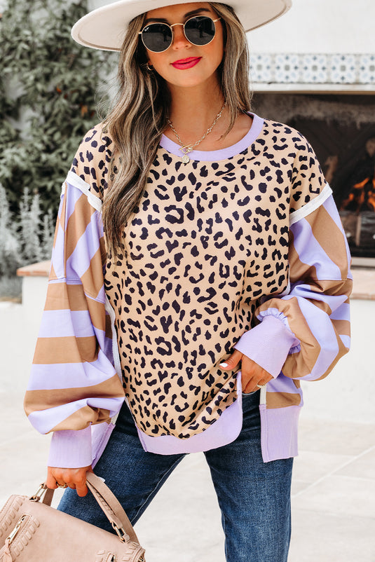 DLLS116 - Ladies Purple Stripe Color Block Patchwork Leopard Casual Sweatshirt with Slits
