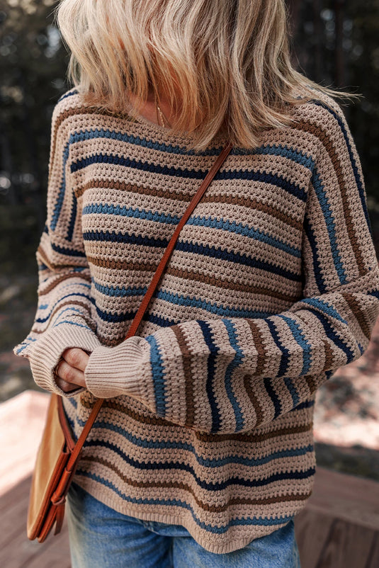 DLLS185 - Ladies Multicolour Striped Knitted Drop Shoulder Round Neck Sweater