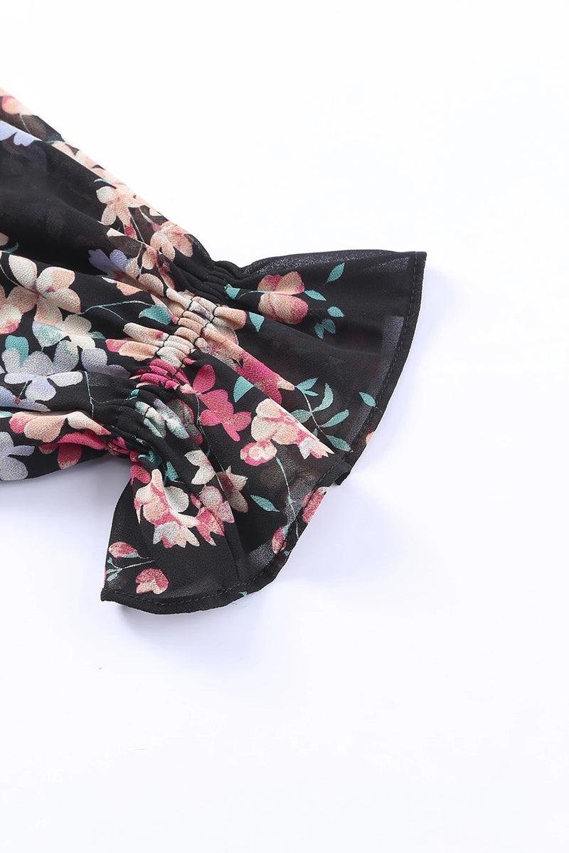 Load image into Gallery viewer, DLLS367 - Ladies Black Wildflower Print Chiffon Blouse
