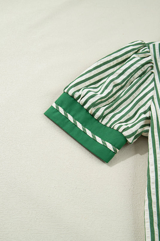 DLLS432 - Ladies Green Stripe Collared Split Neck Short Bubble Sleeve Blouse