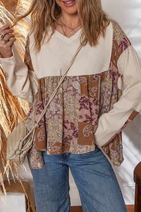 DLLS163 - Ladies Beige Paisley Ethnic Print Contrast Patchwork Long Sleeve Loose Top