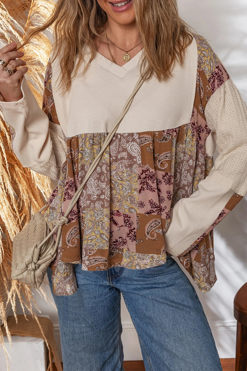Load image into Gallery viewer, DLLS163 - Ladies Beige Paisley Ethnic Print Contrast Patchwork Long Sleeve Loose Top
