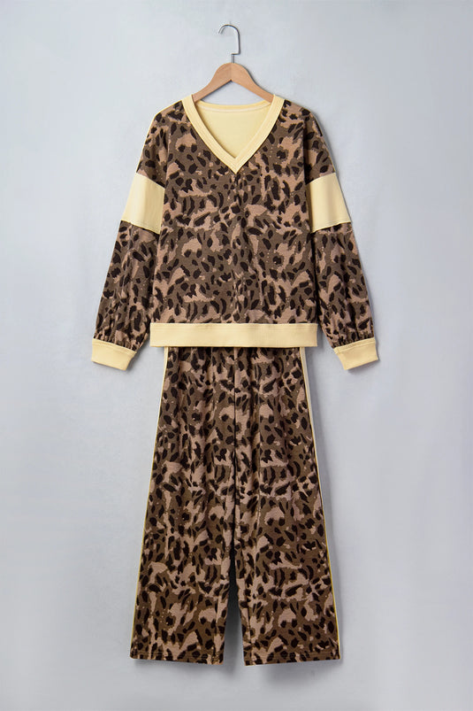 DLLS1086 - Ladies Brown Leopard Print Long Sleeve V-Neck Wide Leg Pant Set