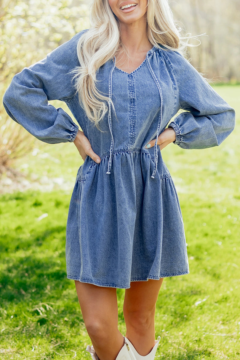 Load image into Gallery viewer, DLLS564 - Ladies Myosotis Puff Sleeve V Neck Ruffled Loose Denim Mini Dress
