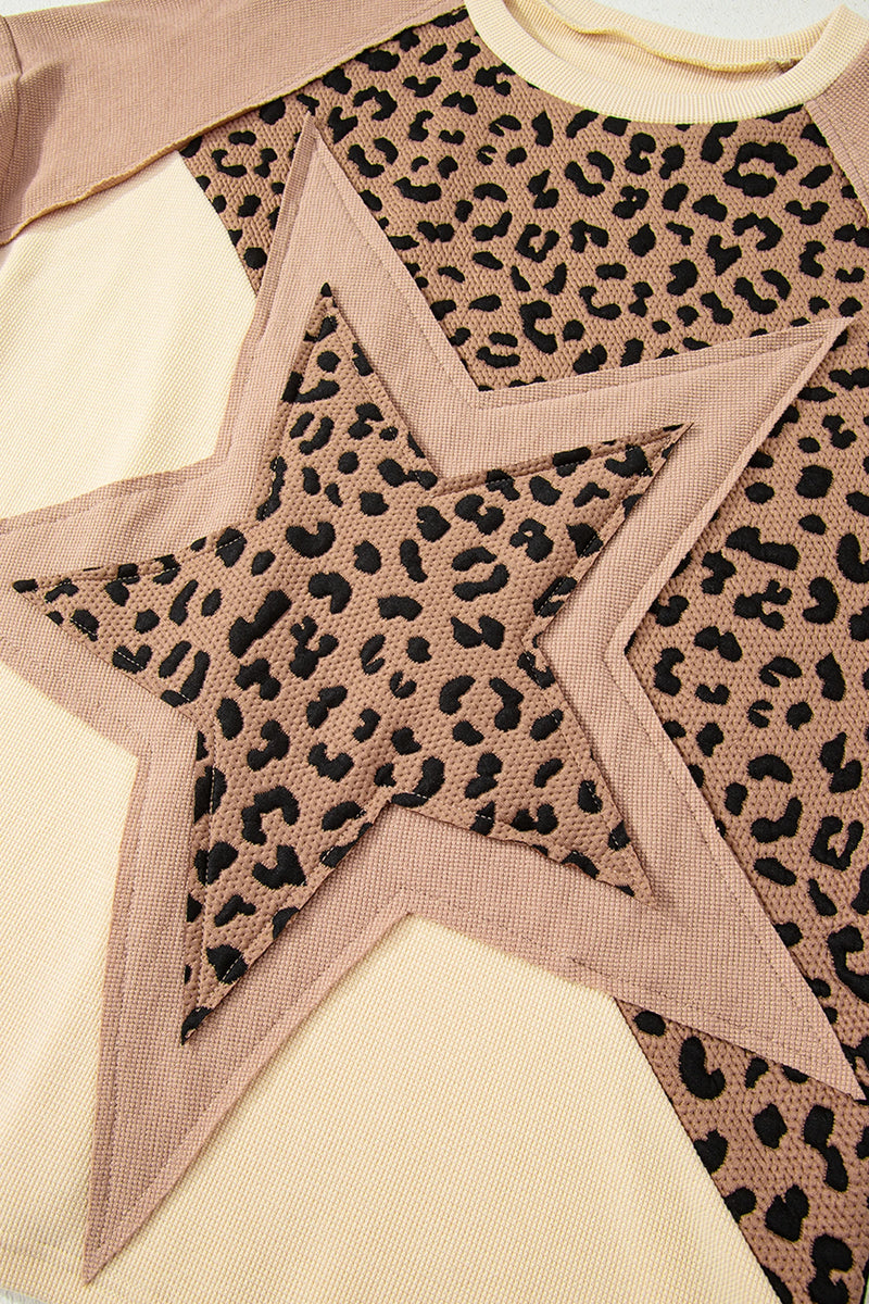 Load image into Gallery viewer, DLLS1013 - Ladies Light French Beige Leopard Star Color Block Textured Baggy Sweatshirt
