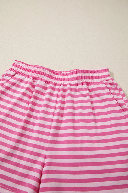 DLLS619 - Ladies Pink Stripe Cap Sleeve Tee Elastic Waist Shorts 2pcs Outfit