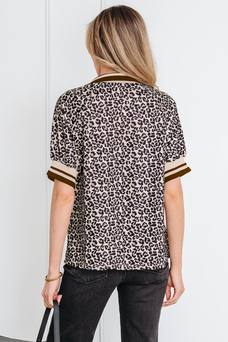 Load image into Gallery viewer, DLLS428 - Ladies Khaki Leopard Print Half Zip Striped Trim Patchwork Short Sleeve Top
