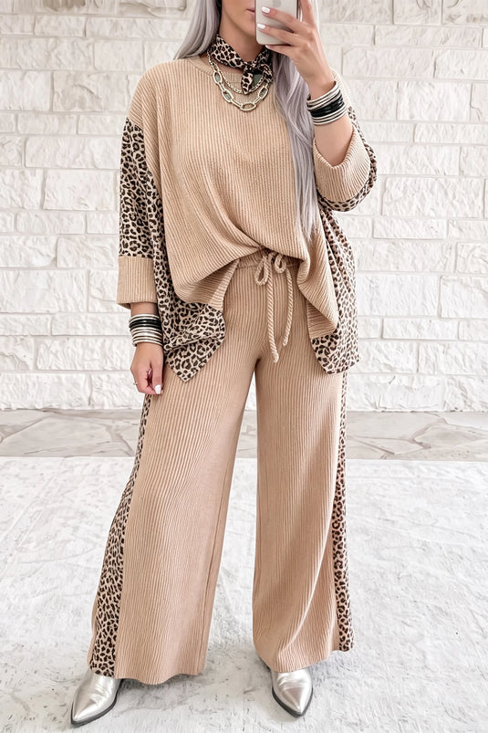 DLLS970 - Ladies Leopard Print Twisted Ribbed Long Sleeve Top Loose Pant Set
