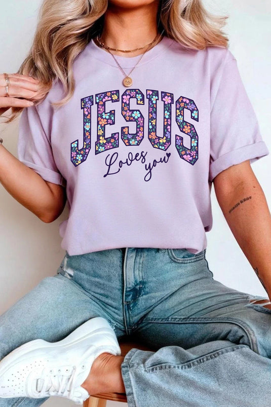 DLLS803 - Ladies Orchid Petal Christian Floral Letter Graphic Round Neck T Shirt