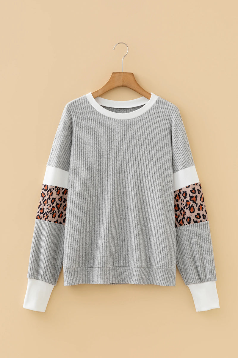 Load image into Gallery viewer, DLLS392 - Ladies Gray Leopard Print Colorblock Patchwork Ribbed Knit Top
