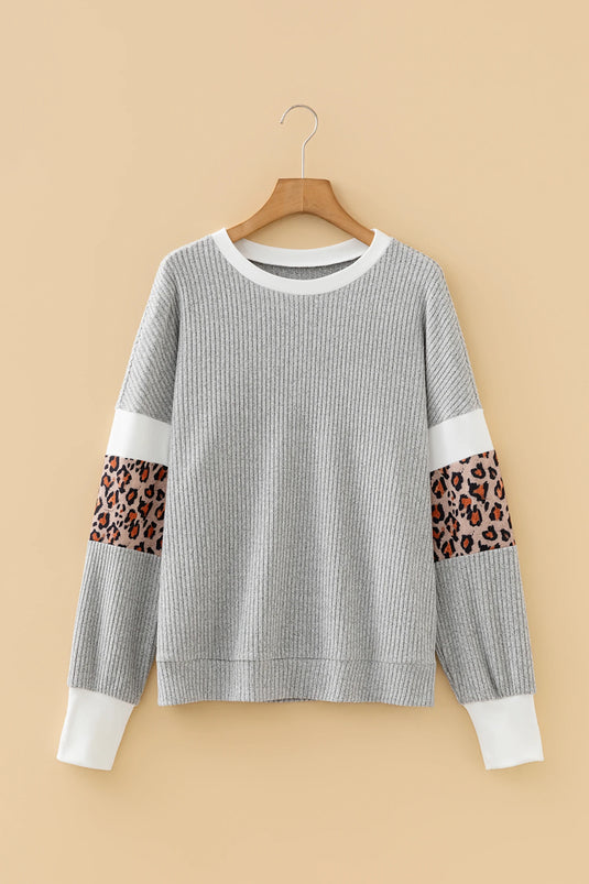 DLLS392 - Ladies Gray Leopard Print Colorblock Patchwork Ribbed Knit Top