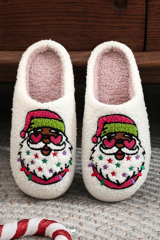 DLLSHOE 130 - White Starry Santa Claus Pattern Christmas Plush Slippers
