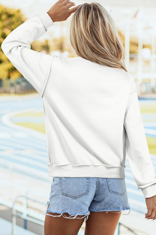 DLLS617 - Ladies White Faux Patchwork Print USA Flag Double Side Printed Reversible Sweatshirt