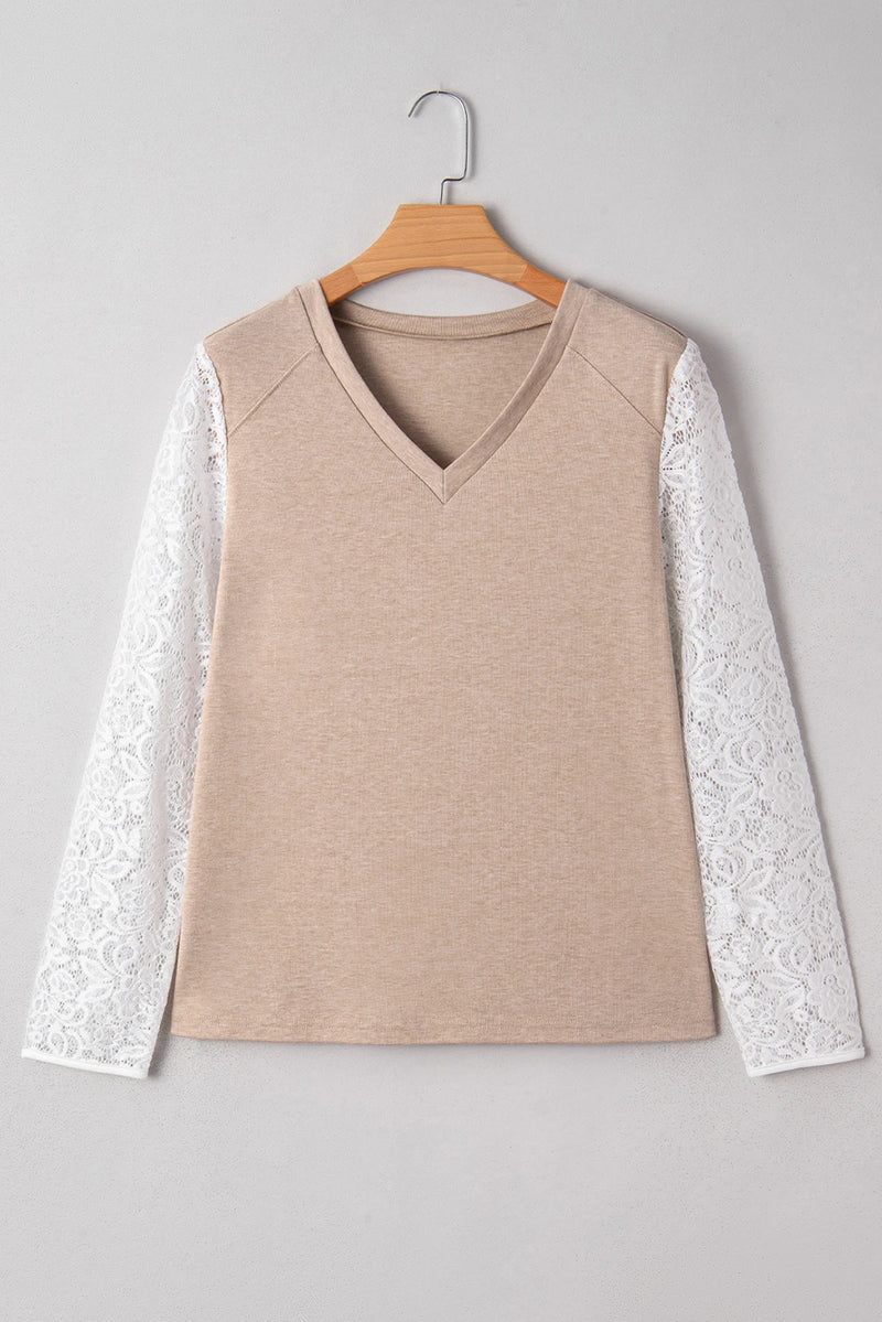 Load image into Gallery viewer, DLLS270 - Ladies Oatmeal V Neck Contrast Lace Patchwork Long Sleeve Top
