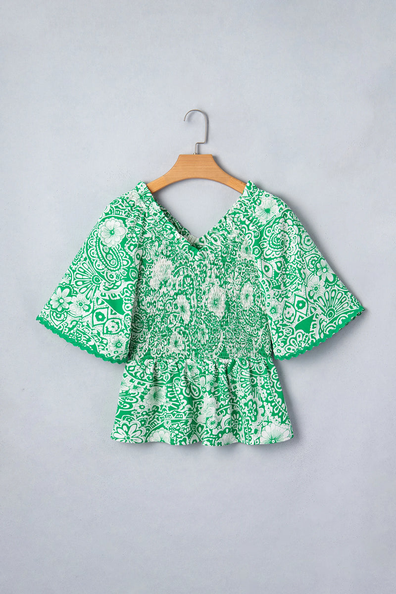 Load image into Gallery viewer, DLLS934 - Ladies Green Flirty Floral Smocked V Neck Blouse

