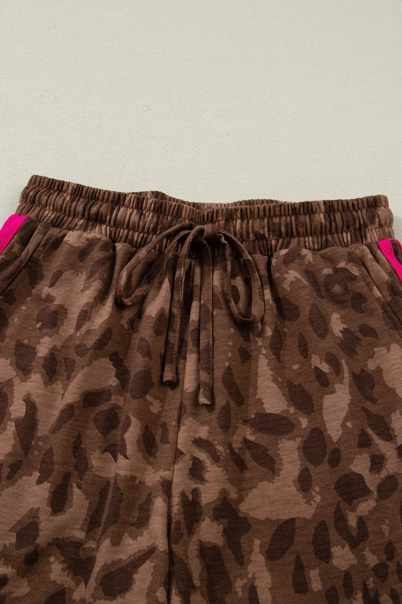 Load image into Gallery viewer, DLLS598 - Ladies Brown Contrast Striped Accent Leopard Short Set
