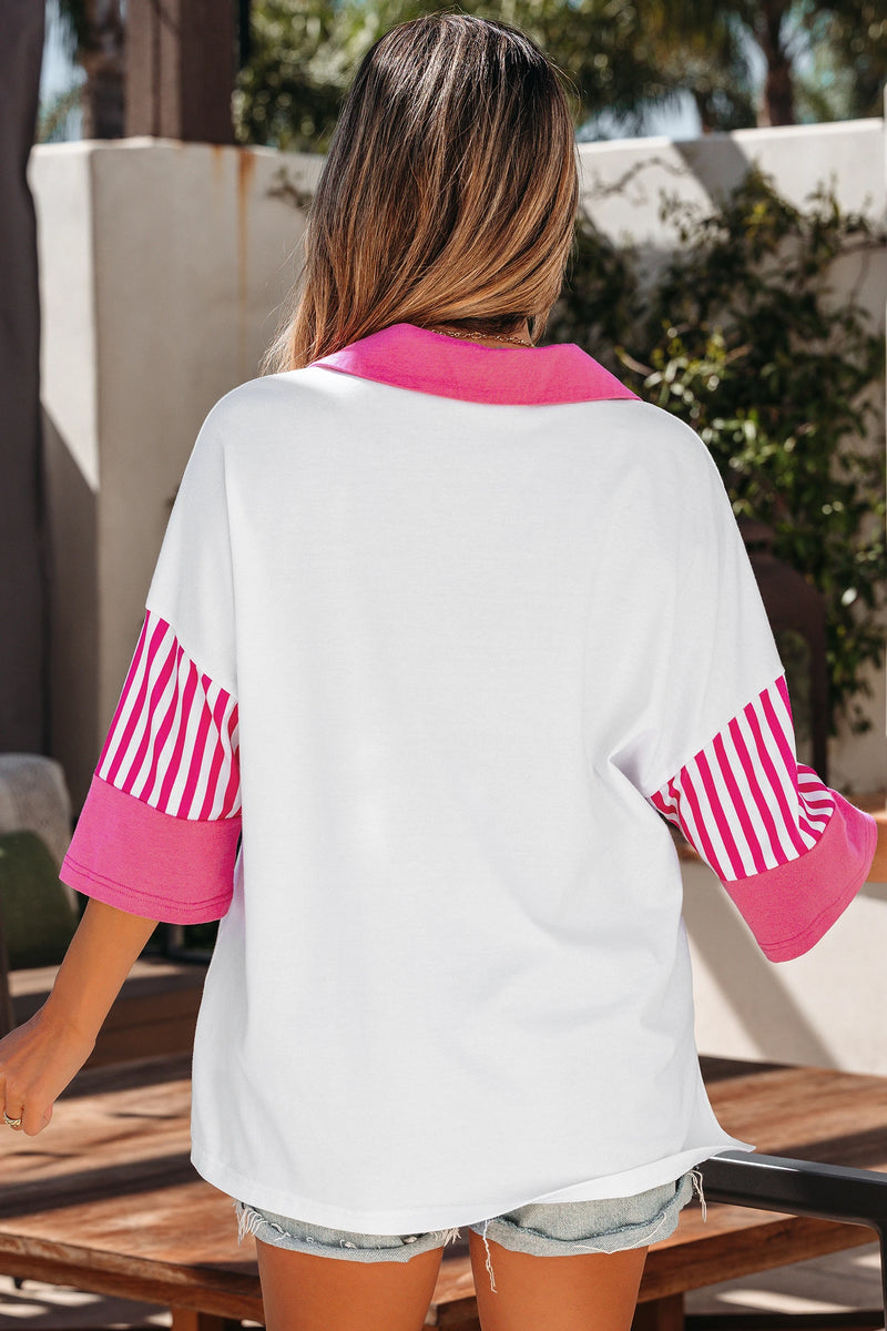 Load image into Gallery viewer, DLLS475 - Ladies White Striped Color Block Patchwork Half Sleeve T Shirt

