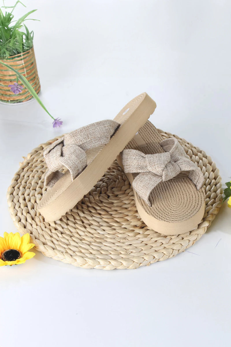 Load image into Gallery viewer, DLLSHOE 39 - Parchment Boho Linen Bow Raffia Woven Light PVC Slippers
