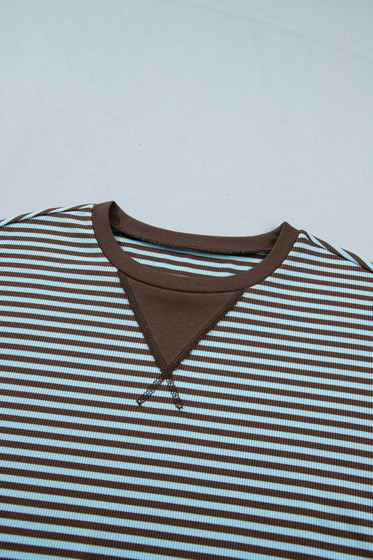 DLLS1083 - Ladies Brown Stripe Oversized Long Sleeve Top Drawstring Loose Shorts 2pcs Set