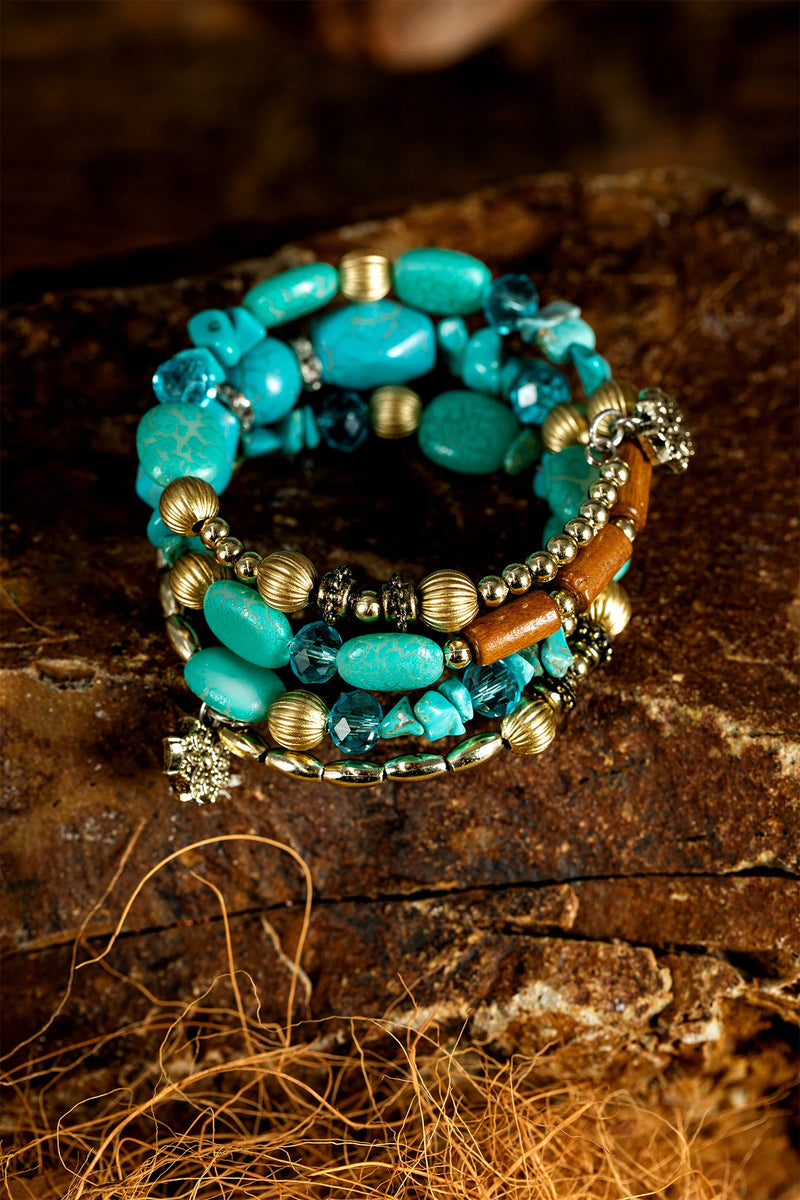 Load image into Gallery viewer, DLLBC 21 - Turquoise Bohemian Style Crystal Stone Plated Bead Multi-Layer Winding Bracelet
