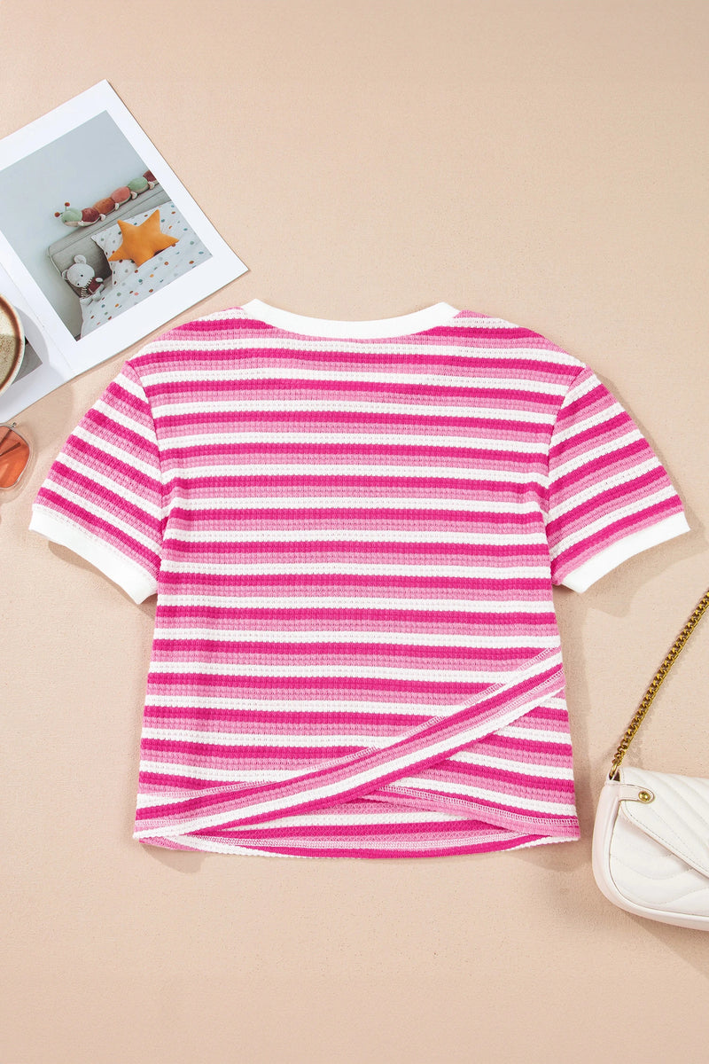 Load image into Gallery viewer, DLLS559 - Ladies Sachet Pink Textured Knit Short Sleeve Crossed Detail Tee
