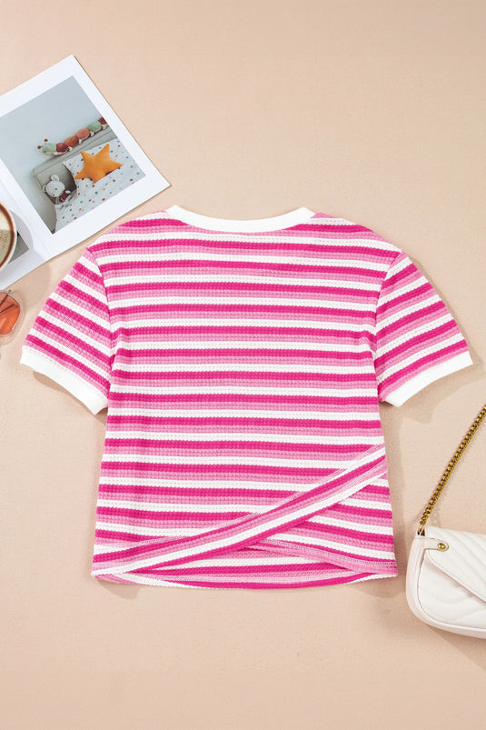 DLLS559 - Ladies Sachet Pink Textured Knit Short Sleeve Crossed Detail Tee