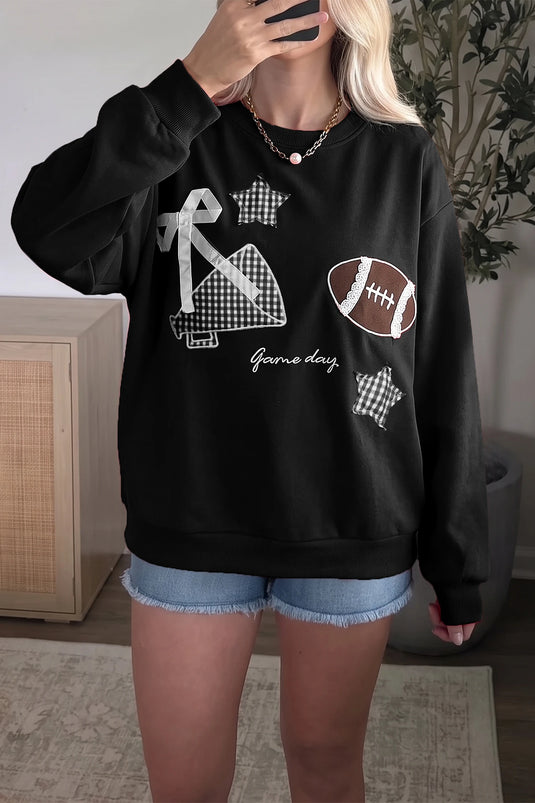 DLLS821 - Ladies Black Gingham Patch Embroidered Rugby Game Day Stars Sweatshirt