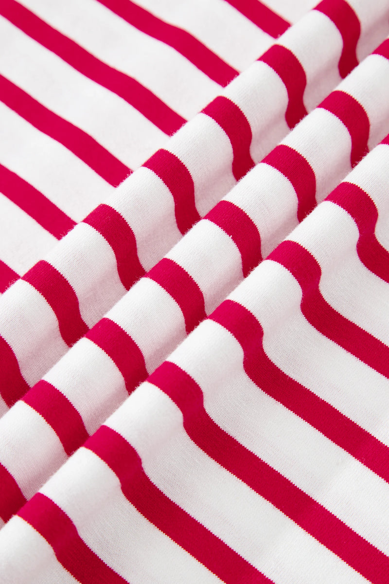 Load image into Gallery viewer, DLLS349 - Ladies Red Stripe Scalloped Trim Round Neck T Shirt

