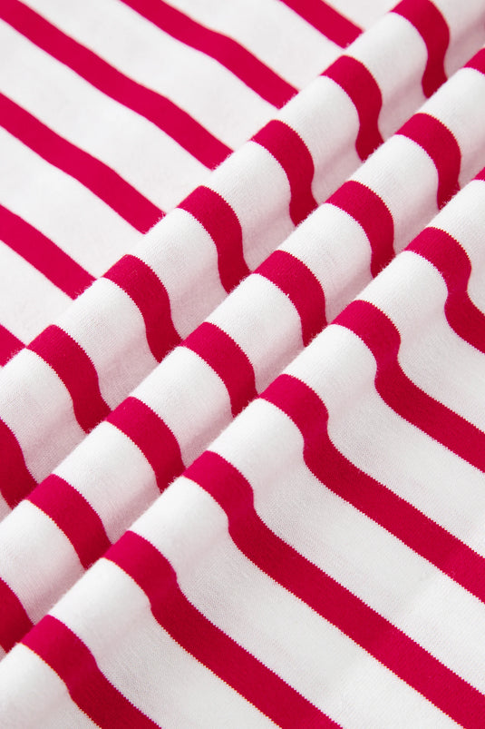 DLLS349 - Ladies Red Stripe Scalloped Trim Round Neck T Shirt