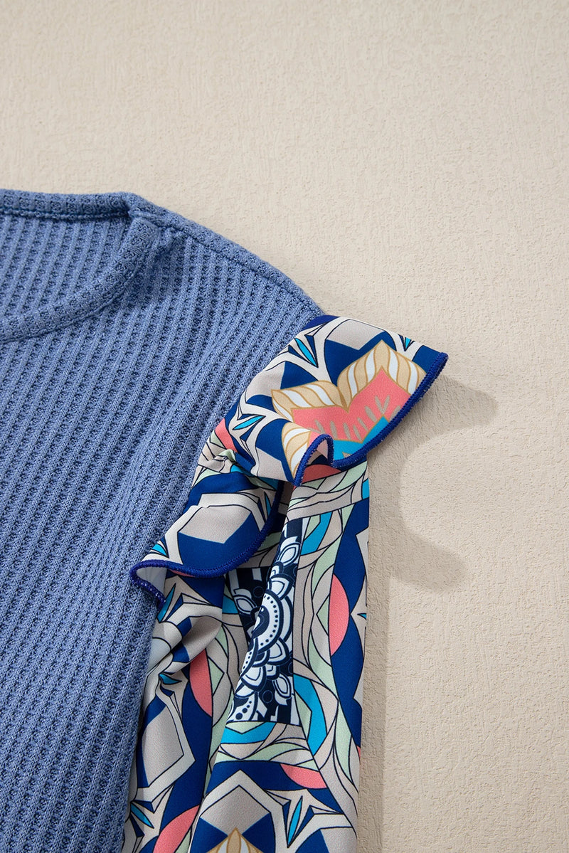Load image into Gallery viewer, DLLS320 - Ladies Ashleigh Blue Ruffled Floral Sleeve Patchwork Waffle Knit O Neck Blouse
