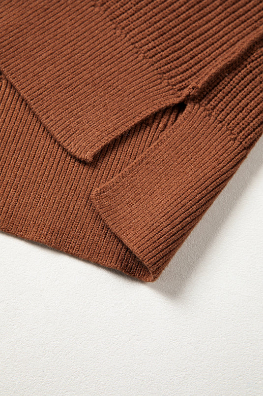 DLLS737 - Ladies Chestnut Long Sleeve Ribbed Knit Stand Neck Regular Fit Sweater
