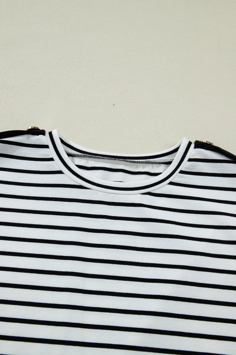 Load image into Gallery viewer, DLLS624 - Ladies Black Stripe Cuffed Sleeve Button Detail Loose Tee
