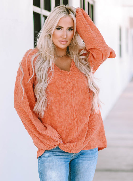 DLLS106 - Ladies Orange Crinkle Textured Frill Split Neck Puff Sleeve Blouse