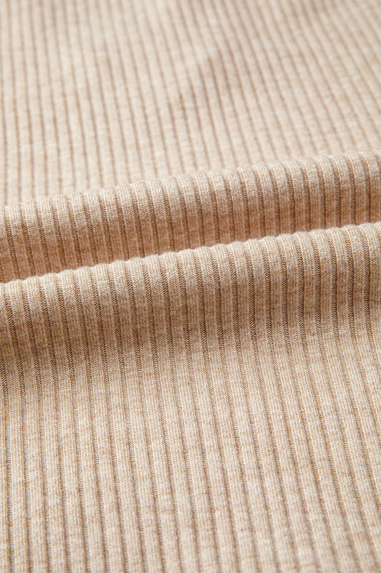 DLLS742 - Ladies Beige Ribbed Knit Denim Color Patchwork Button Detail Collared Blouse