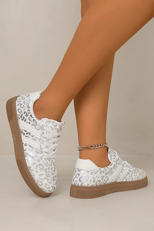 DLLSHOE 95 - Silvery Metallic Leopard Print Lace Up Flat Shoes