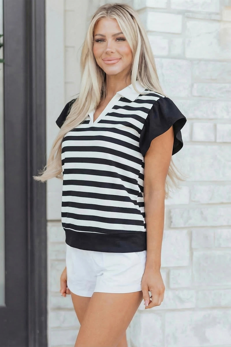 Load image into Gallery viewer, DLLS381- Ladies Black Stripe Collar V Neck Ruffled Short Sleeve Blouse
