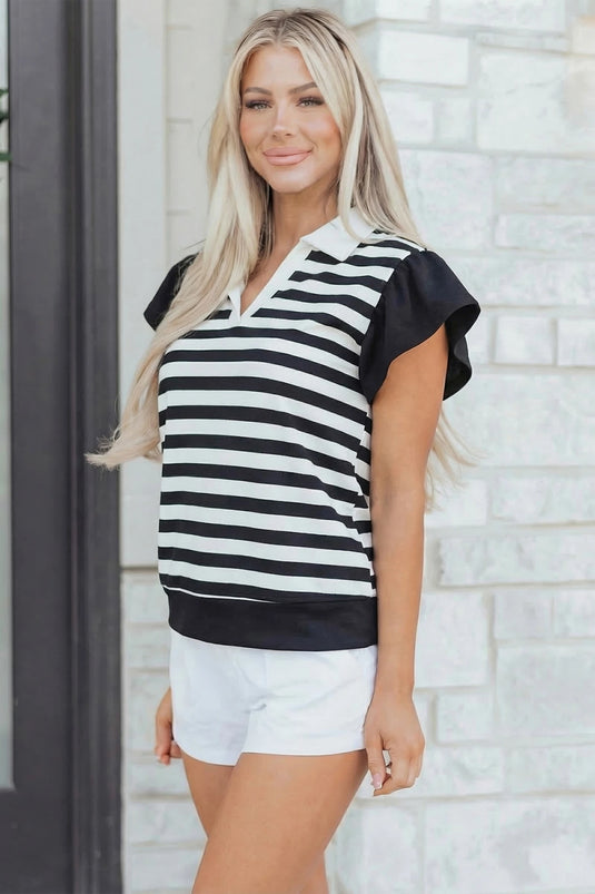 DLLS381- Ladies Black Stripe Collar V Neck Ruffled Short Sleeve Blouse